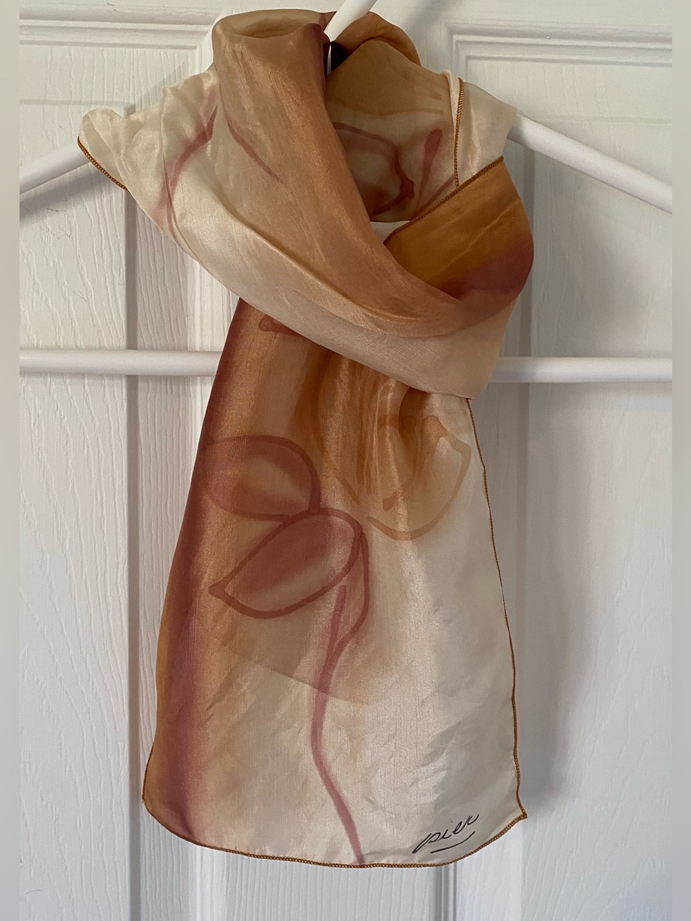 Vintage Hand-Painted 100% Silk Scarf in Warm Terracotta and Cream